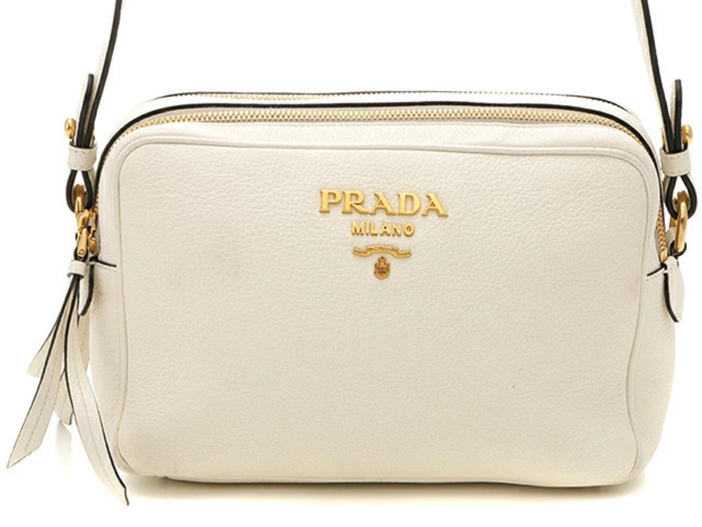 Prada Double Zip Shoulder Bag Leather Ivory White